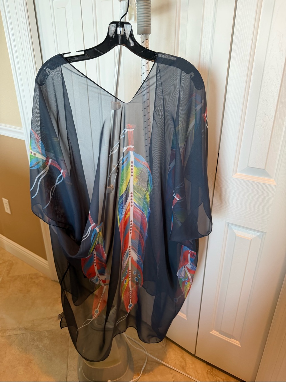 Black Sheer Tunic with Multicolor Feather Motif